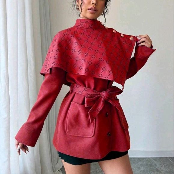 Women's Stand Collar Printed Simple Poncho Coat, Casual Everyday Wear - Picture 1 of 5